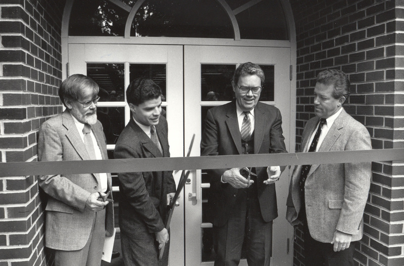 University Library Ribbon Cutting Ceremony-Dedication Oct 1989--Richard Snyder (left)-Pres Robert Nicholson (third).jpg