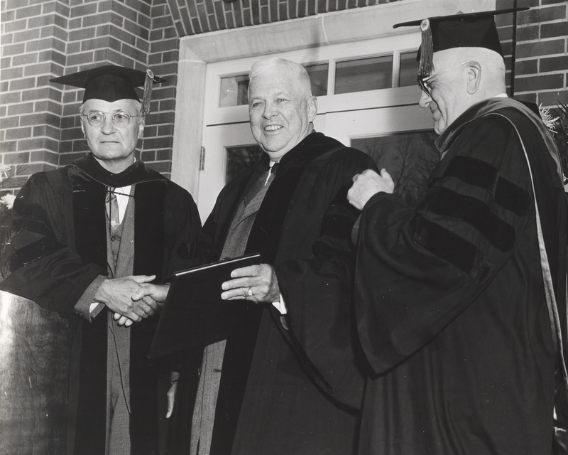 Wilson Library Dedication President Morrison and Charles E Wilson and Dean Russel Olt.jpg